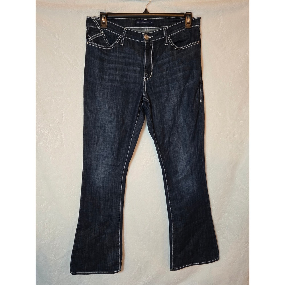 Rock &‎ Republic Womens 14M Dark Wash Flared Jeans Embellished Pockets